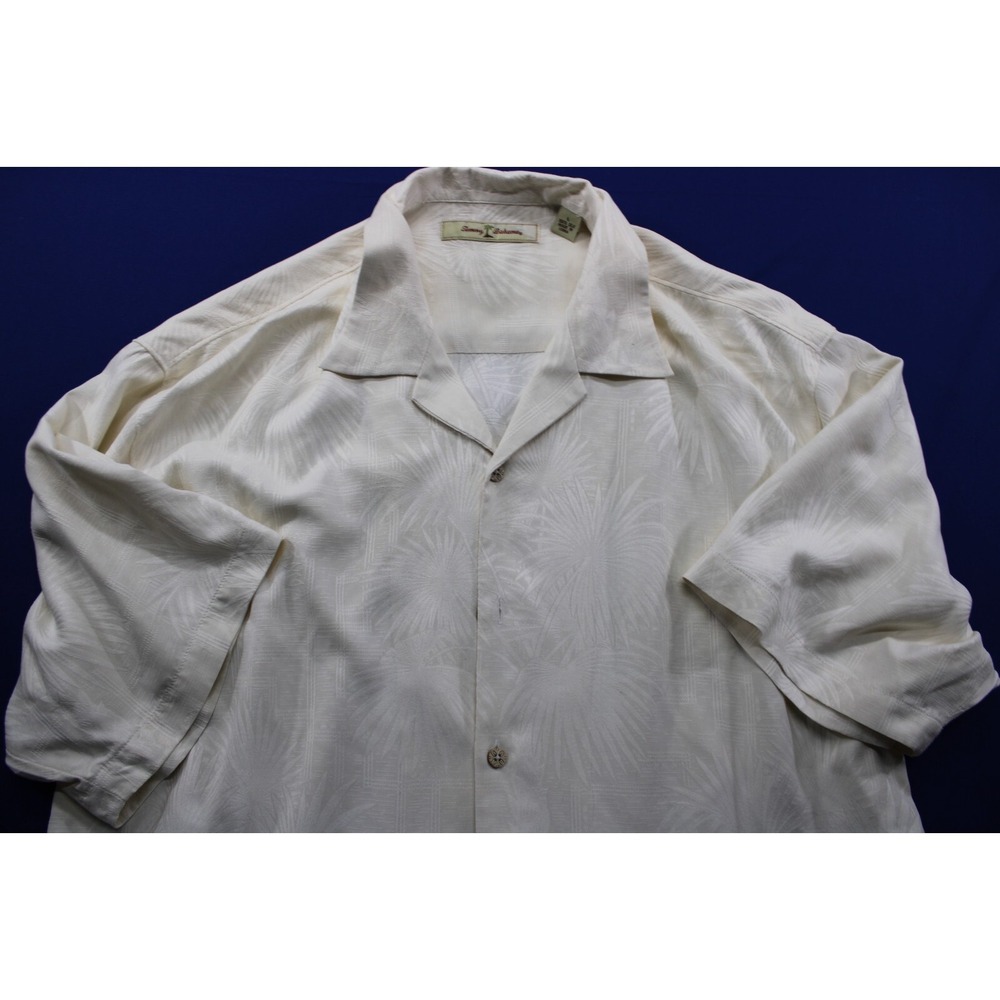 Tommy Bahama Beach Shirt 100%‎ Silk Button Down Palm Trees Beige Szie Large